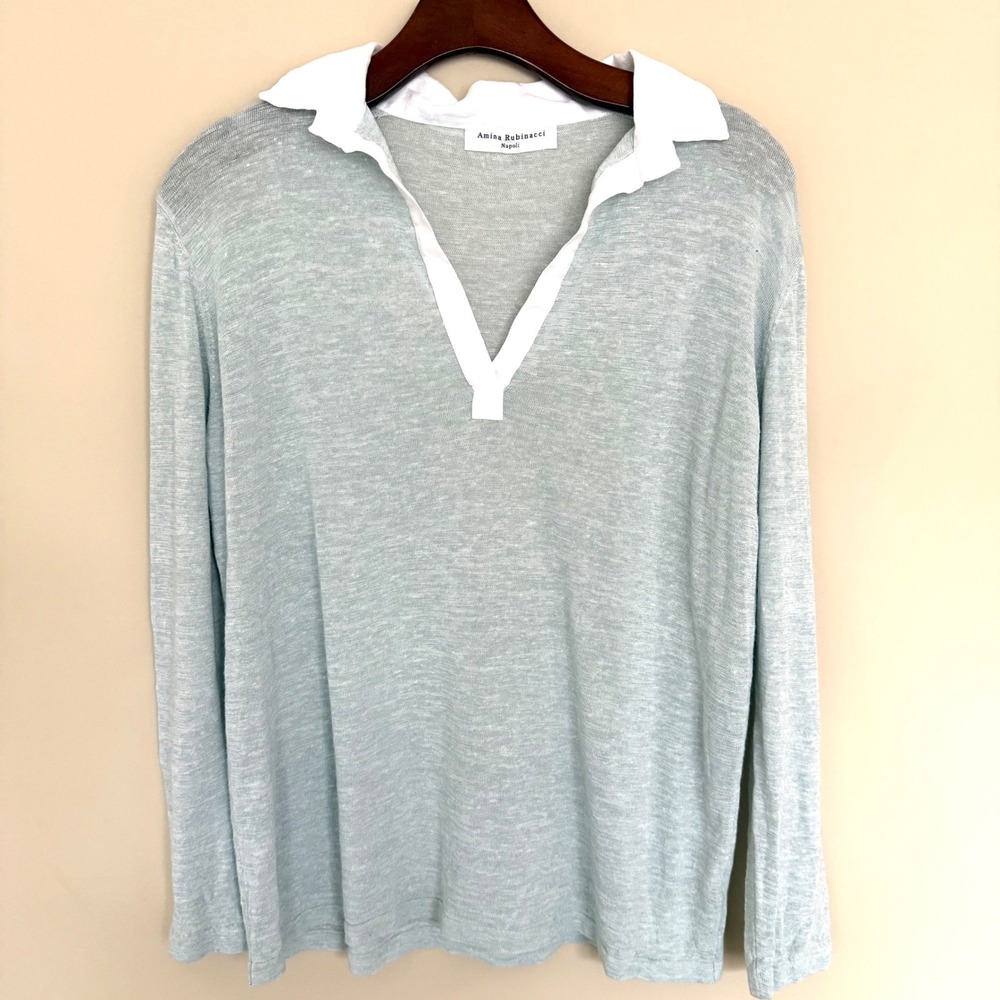 Amina Rubinacci Napoli 100% Linen Split V Sweater Size 44 (US8) Soft Green